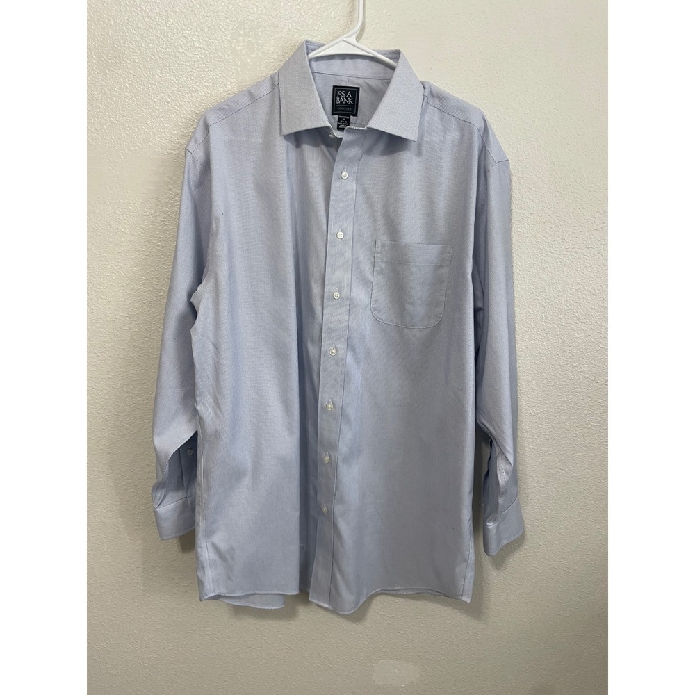 Jos. A. Bank Dress Shirt Mens 16.5-33 Blue White Excellent Traveler Stripe